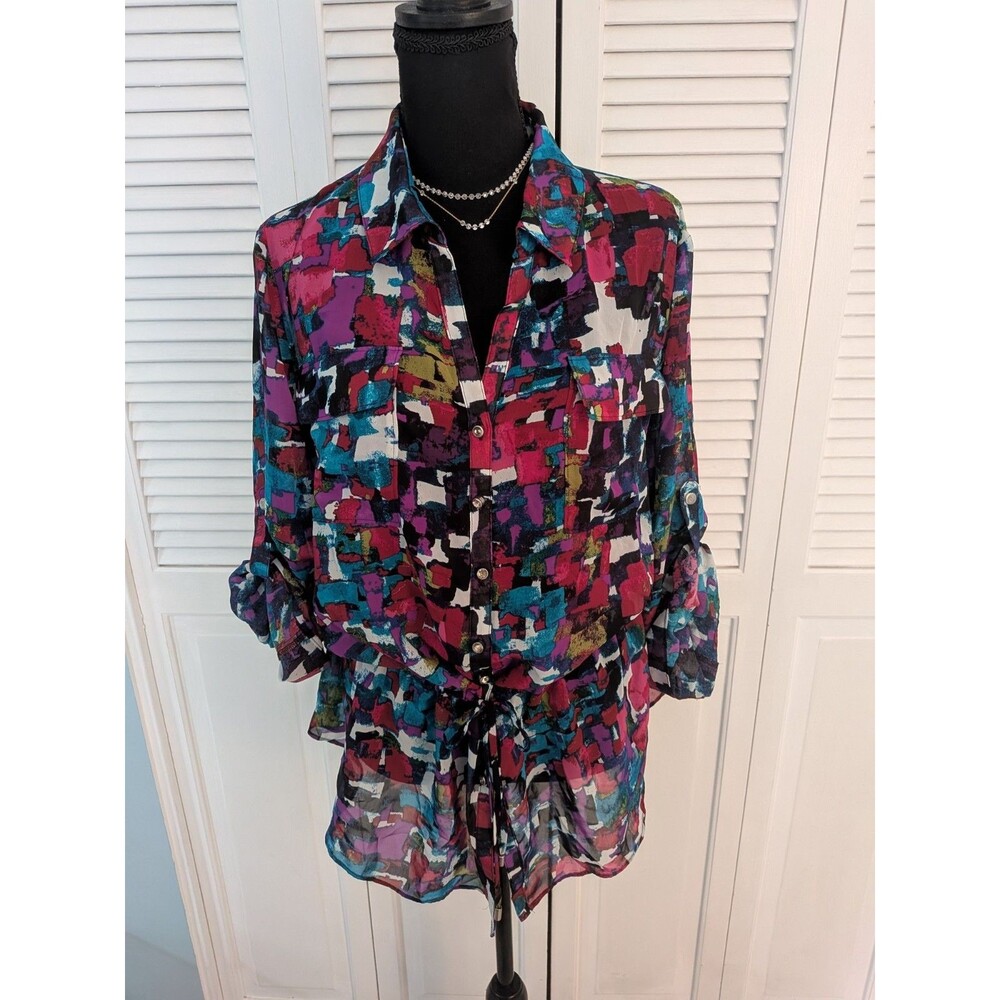 Lane Bryant Top Womens 18/20 Sheer Blouse Abstract Art to Wear Multi Colorful